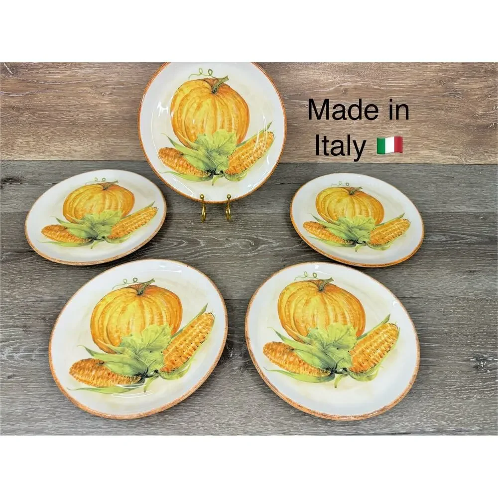 Sur La Table Thanksgiving Pumpkin Corn 9” Luncheon/Salad Plate ~5 Pc ~w/ Crazing